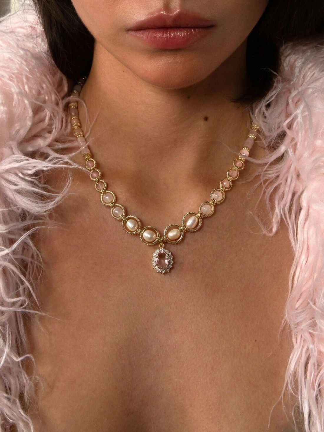 Rosalie Pembe Kuvars İnci Kolye