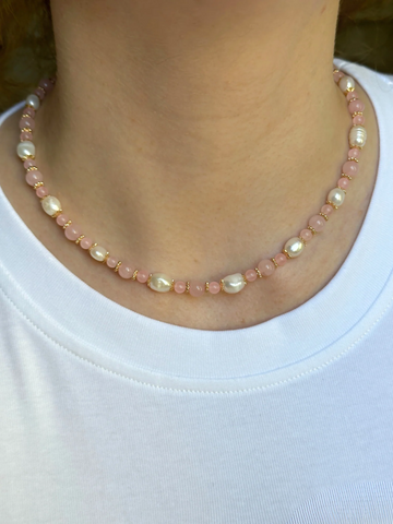 Liney İnci Detaylı Pembe Kuvars Kolye