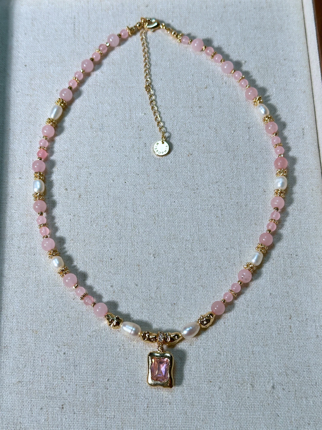 Gina İnci Detaylı Pembe Kuvars Kolye