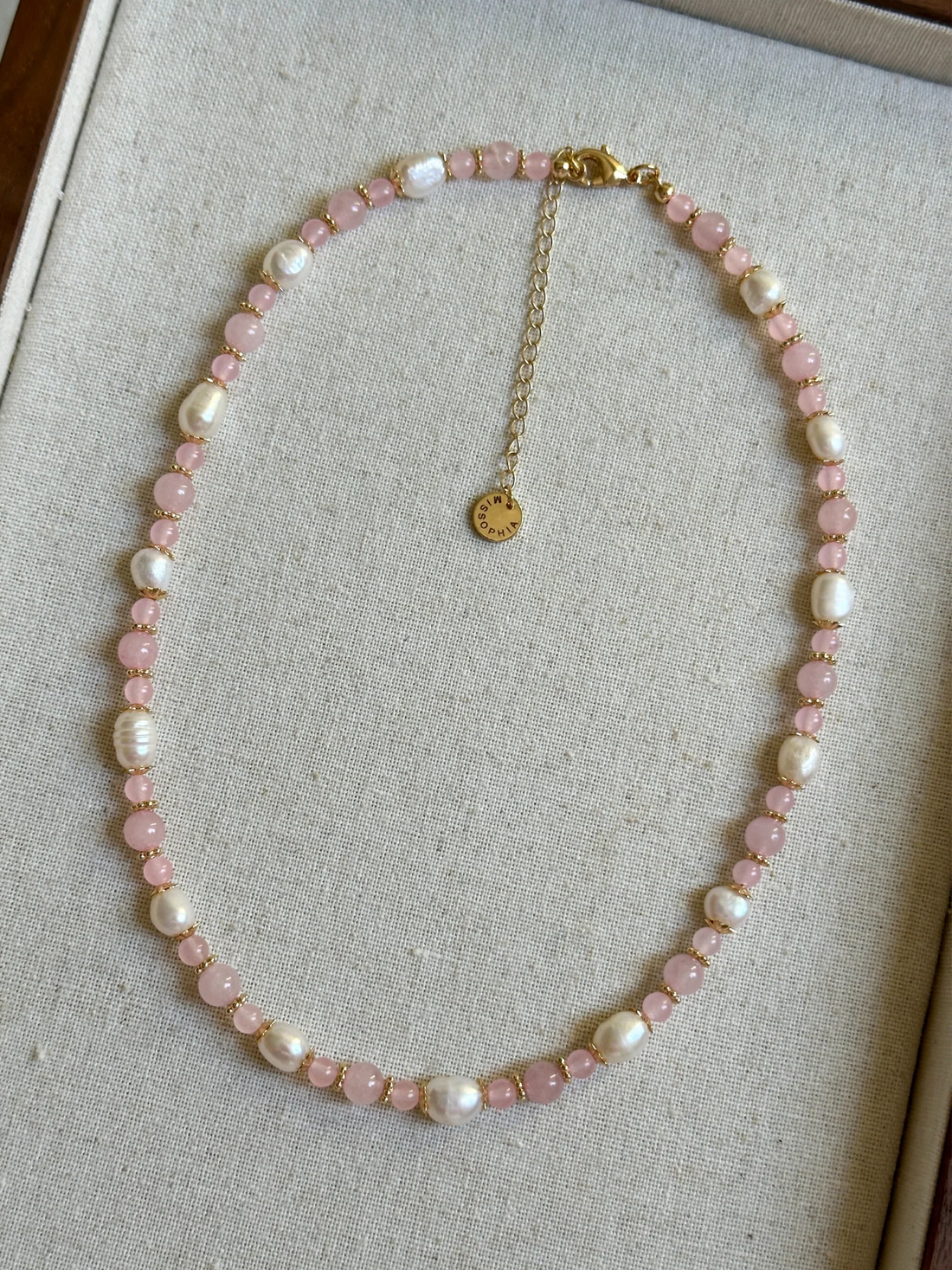 Liney İnci Detaylı Pembe Kuvars Kolye